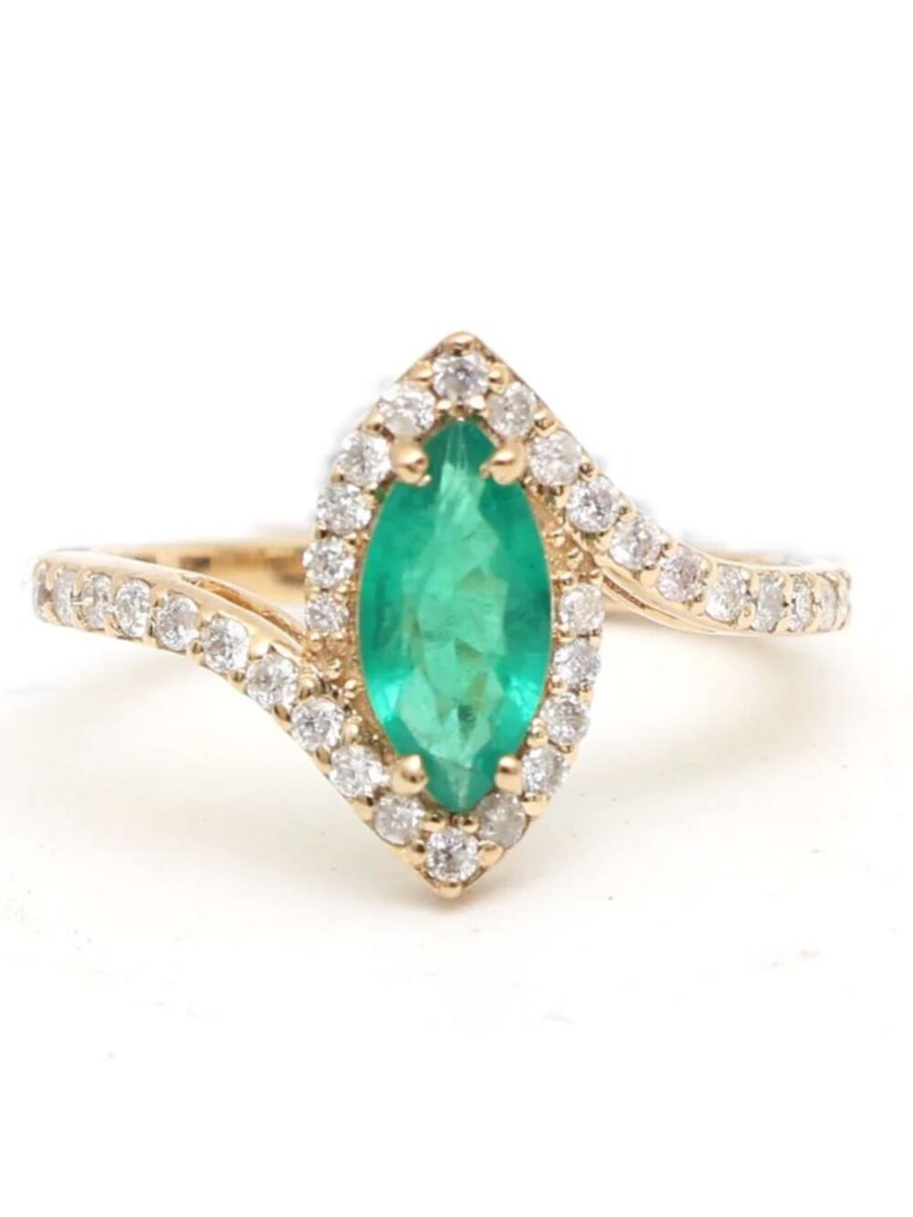 Marquise-Cut Emerald 14K (18K Custom) Yellow Gold Diamond Halo Ring